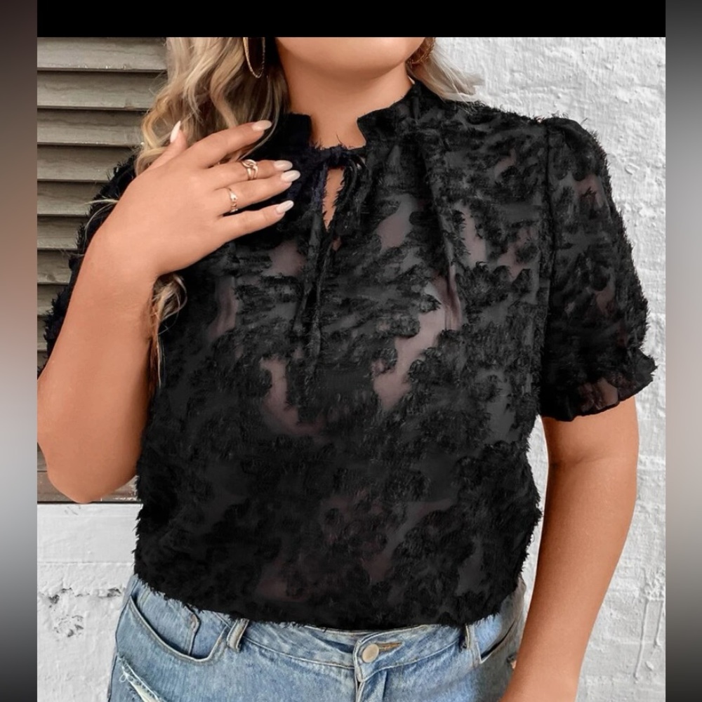 SHEIN Unity plus size tie, neck, puff sleeves, fuzzy blouse - Picture 5 of 5